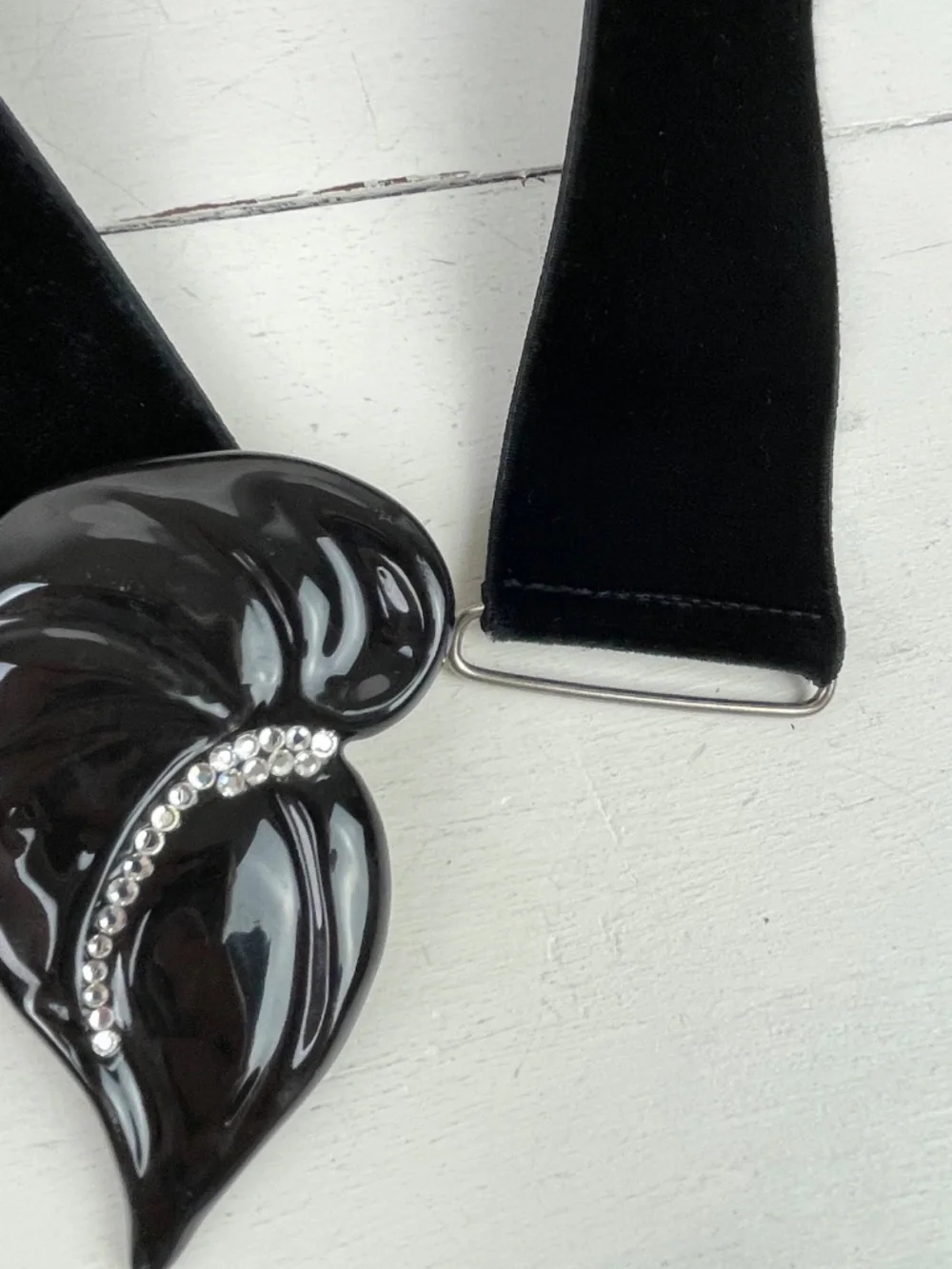 Vintage 1980s-90s Black Velvet Stretchy Belt with Ceramic Rhinestone Buckle